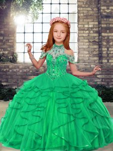 Sweet Turquoise High-neck Lace Up Beading and Ruffles Pageant Gowns For Girls Sleeveless