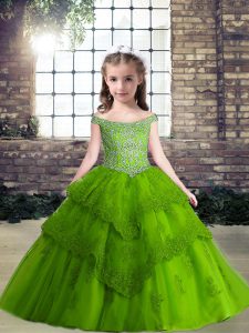 Exquisite Off The Shoulder Sleeveless Tulle Pageant Gowns For Girls Beading Lace Up