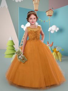 Floor Length Orange Toddler Flower Girl Dress Tulle Sleeveless Beading and Lace