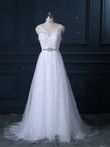 Nice Sleeveless Beading and Lace Backless Bridal Gown with White Brush Train