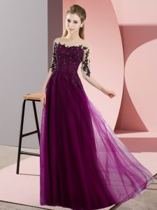 Custom Designed Fuchsia Half Sleeves Beading and Lace Floor Length Bridesmaids Dress