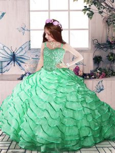 Dazzling Organza Straps Sleeveless Court Train Lace Up Beading and Ruffled Layers Glitz Pageant Dress in Apple Green