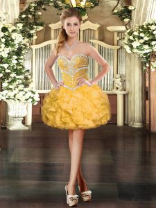 Gold Lace Up Prom Gown Beading and Ruffles Sleeveless Mini Length