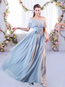 Grey Empire Belt Court Dresses for Sweet 16 Lace Up Chiffon Short Sleeves Floor Length