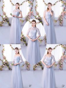 Lace Bridesmaid Gown Grey Lace Up Cap Sleeves Floor Length