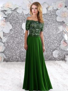 Romantic Green Empire Off The Shoulder Short Sleeves Chiffon Floor Length Zipper Beading and Lace Red Carpet Prom Dress