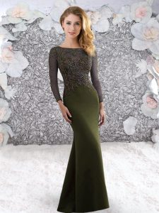 Long Sleeves Satin Sweep Train Zipper Prom Evening Gown in Olive Green with Beading