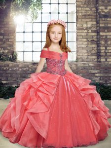 Sleeveless Floor Length Beading and Ruffles Lace Up Little Girls Pageant Dress Wholesale with Coral Red