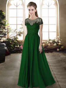 Hot Selling Chiffon Scoop Short Sleeves Zipper Beading and Appliques Bridesmaid Dress in Dark Green