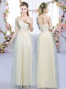 Affordable Champagne Lace Up Wedding Guest Dresses Lace and Bowknot Half Sleeves Floor Length