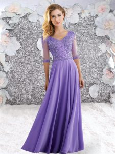 High Quality Lavender Half Sleeves Beading Floor Length Dress for Prom