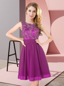 Vintage Sleeveless Chiffon Mini Length Backless Dama Dress in Purple with Beading and Appliques
