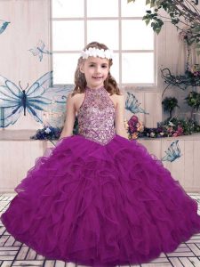 Popular Floor Length Purple Little Girl Pageant Dress Halter Top Sleeveless Lace Up