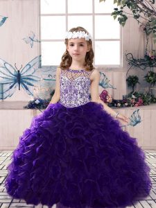 Perfect Purple Sleeveless Floor Length Beading and Ruffles Lace Up Pageant Gowns
