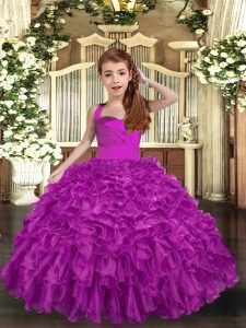 Custom Made Fuchsia Ball Gowns Straps Sleeveless Organza Floor Length Lace Up Ruffles and Ruching Pageant Gowns
