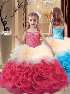 Most Popular Sleeveless Fabric With Rolling Flowers Floor Length Lace Up Glitz Pageant Dress in Multi-color with Beading