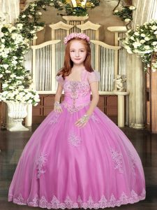 Top Selling Lilac Tulle Lace Up Little Girls Pageant Dress Sleeveless Floor Length Lace and Appliques