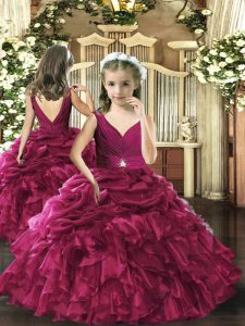 Fuchsia Ball Gowns Beading and Ruffles and Pick Ups Child Pageant Dress Backless Organza Sleeveless Floor Length