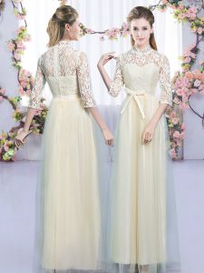 Lace and Bowknot Wedding Guest Dresses Champagne Zipper Half Sleeves Floor Length