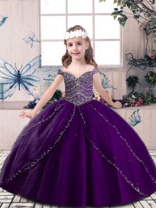 Fantastic Eggplant Purple Ball Gowns Straps Sleeveless Tulle Floor Length Lace Up Beading Little Girls Pageant Dress Who