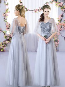 Sleeveless Lace Up Floor Length Appliques Quinceanera Court of Honor Dress