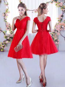 Red V-neck Neckline Lace Bridesmaid Gown Cap Sleeves Lace Up