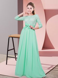 3 4 Length Sleeve Side Zipper Floor Length Lace and Belt Bridesmaid Gown