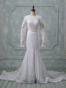 Long Sleeves Court Train Backless Lace and Belt Wedding Gown
