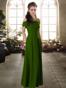 Off The Shoulder Short Sleeves Quinceanera Court Dresses Floor Length Ruching Olive Green Chiffon