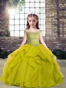 Off The Shoulder Sleeveless Tulle Kids Pageant Dress Beading Lace Up