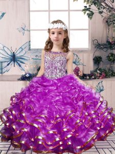 Fantastic Lilac Organza Lace Up Kids Formal Wear Sleeveless Floor Length Beading and Ruffles
