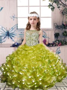 Low Price Olive Green Lace Up Pageant Dress Toddler Beading and Ruffles Sleeveless Floor Length