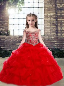 Fancy Red Off The Shoulder Neckline Beading Little Girls Pageant Dress Wholesale Sleeveless Lace Up