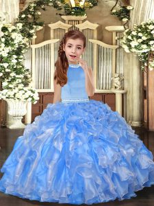 Baby Blue Ball Gowns Beading and Ruffles Kids Formal Wear Backless Organza Sleeveless Floor Length