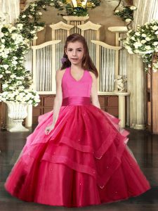 Hot Pink Kids Pageant Dress Party and Sweet 16 and Wedding Party with Ruffled Layers Halter Top Sleeveless Lace Up