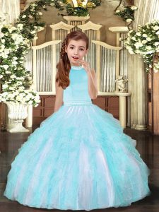 Latest Aqua Blue Tulle Backless Pageant Dress Toddler Sleeveless Floor Length Beading and Ruffles