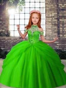 Perfect Green Sleeveless Floor Length Beading Lace Up Little Girls Pageant Gowns