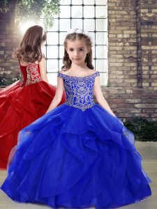 Floor Length Lace Up Pageant Dress for Womens Royal Blue for Party and Wedding Party with Beading