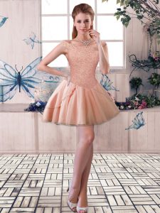 Enchanting Mini Length Peach Prom Evening Gown Off The Shoulder Sleeveless Lace Up