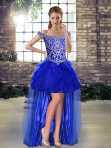 Royal Blue Lace Up Off The Shoulder Beading and Ruffles Prom Evening Gown Tulle Sleeveless