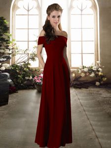 New Style Burgundy Empire Chiffon Off The Shoulder Short Sleeves Ruching Floor Length Zipper Wedding Party Dress