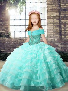 Apple Green Ball Gowns Organza Straps Sleeveless Ruffled Layers Lace Up Pageant Dress for Teens Brush Train