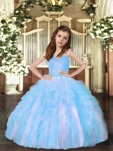 Tulle Straps Sleeveless Lace Up Ruffles Pageant Dress in Aqua Blue