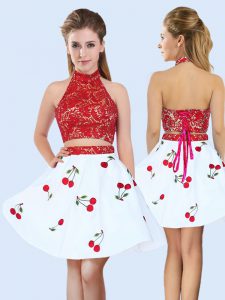 Ideal White And Red Halter Top Lace Up Lace and Pattern Damas Dress Sleeveless