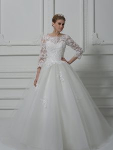 Inexpensive Scoop 3 4 Length Sleeve Brush Train Lace Up Wedding Gowns White Tulle