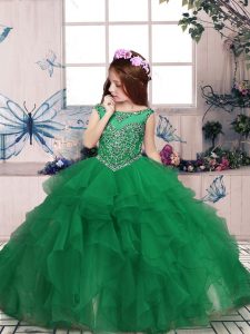 Graceful Green Ball Gowns Scoop Sleeveless Organza Floor Length Zipper Beading and Ruffles Kids Pageant Dress