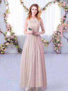 Tulle Scoop Sleeveless Side Zipper Lace and Belt Quinceanera Court Dresses in Pink
