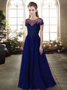 Beading and Appliques Wedding Party Dress Blue Zipper Short Sleeves Floor Length
