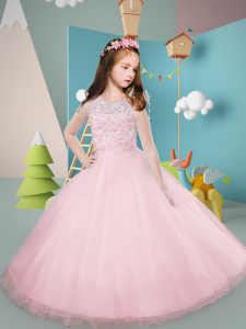 Attractive Sleeveless Floor Length Appliques Backless Flower Girl Dresses with Pink