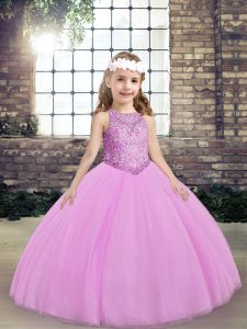 Fashion Lilac Tulle Lace Up Scoop Sleeveless Floor Length Pageant Dress for Girls Beading